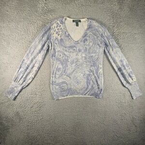 Ralph Lauren Silk Sweater Womens XS Paisley Floral V Neck Preppy Luxury Designer